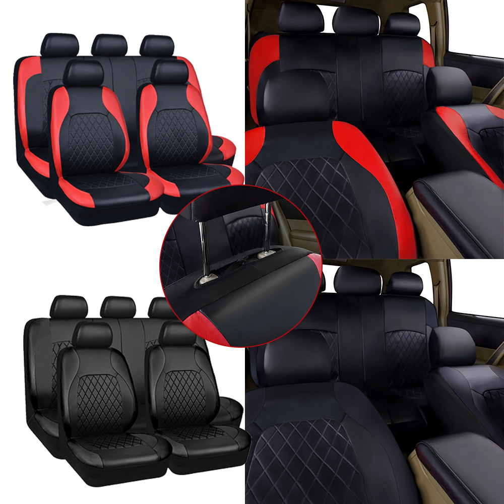 Leather Car Seat Covers Full Set Universal - ผ้าคลุมเบาะรถยนต์ใหม่ ลายเพชรเย็บติด หนังเทียม ครอบคลุมเต็มรูปแบบ ใช้ได้กับเบาะหน้า 2