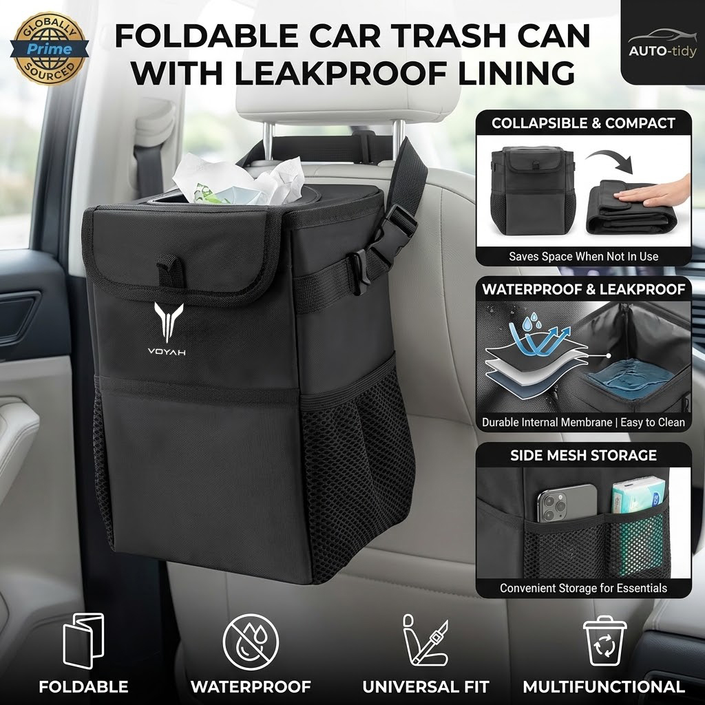 Waterproof Car Trash Can With Lid - ถังขยะในรถยนต์แบบพับได้ พกพาสะดวก ปิดสนิท ไม่รั่วซึม กันน้ำ ความจุขนาดใหญ่